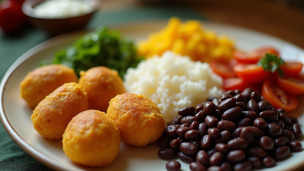 Eye-level view of a vibrant Venezuelan food platter with arepas, black beans, rice, and plantains