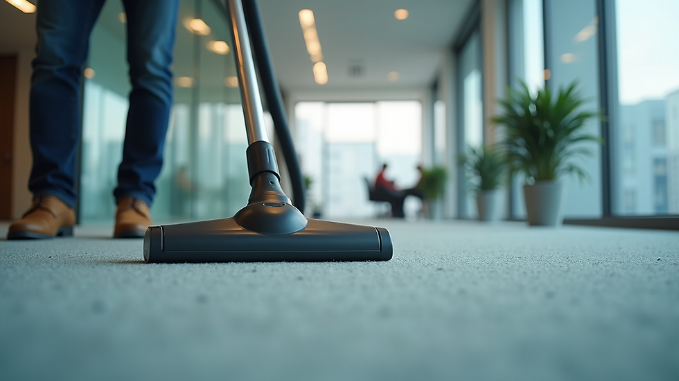 Eye-level view of a professional cleaner vacuuming a modern office carpet