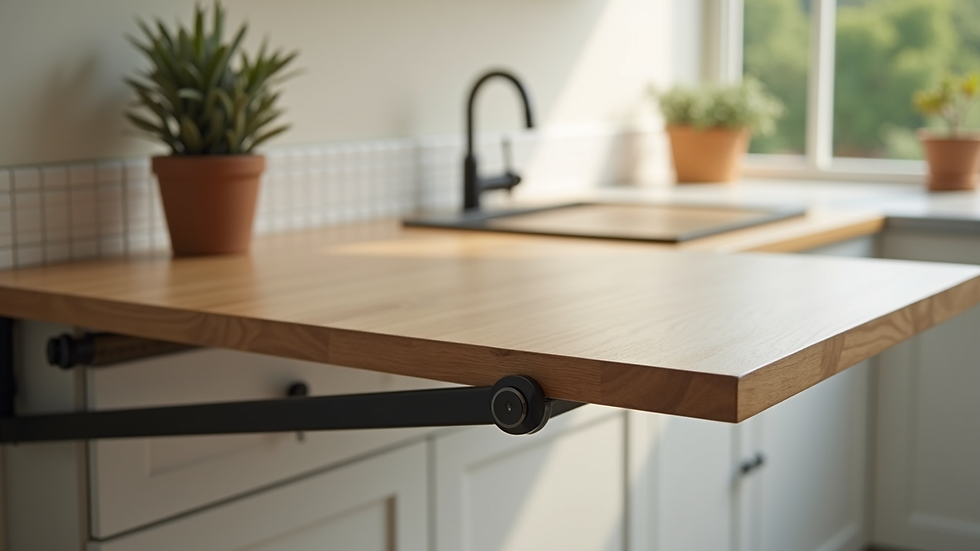Close-up view of a fold-down kitchen table attached to a wall