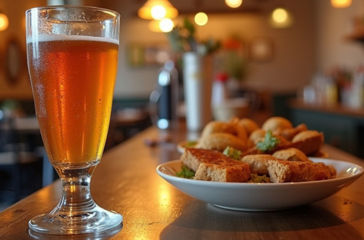 Eye-level view of a rustic bar counter with traditional Spanish tapas and drinks