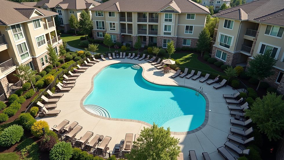 High angle view of a community pool surrounded by townhomes and green spaces