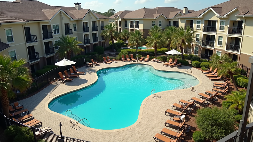 High angle view of a community pool surrounded by townhomes near Disney World