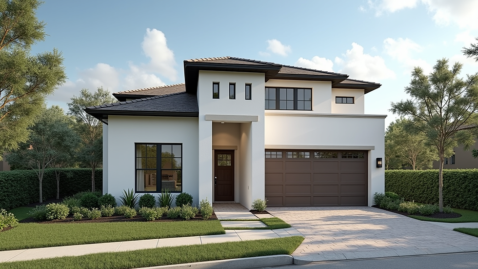 Eye-level view of modern new construction home in Lake Nona