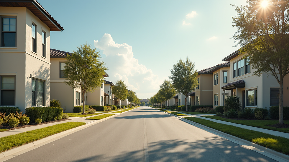 Eye-level view of a modern Florida suburban neighborhood with single-family homes