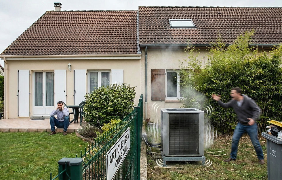 Illustration d'un trouble anormal de voisinage entre deux pavillons. Un homme sur sa terrasse se bouche les oreilles, gêné par les nuisances sonores et visuelles d'une pompe à chaleur défectueuse située chez son voisin, qui gesticule. Un panneau sur la clôture mentionne l'Article 1253 du Code civil.