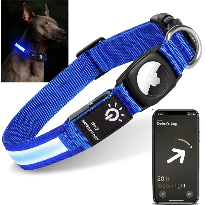 USB Rechargeable LED Dog Collar with AirTag Holder – Waterproof Reflective Safet