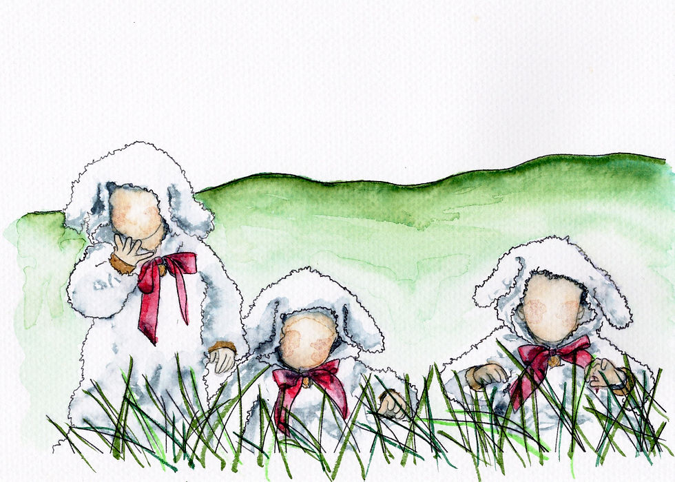 Watercolor painting of 3 little girls dressed as lambs