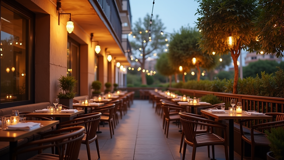 Vista a nivel de una terraza de restaurante con mesas y sillas bien iluminadas