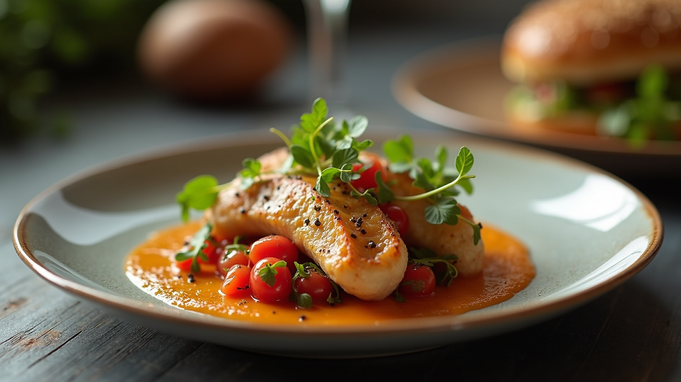 Plano detalle de un plato gourmet con iluminación natural y fondo desenfocado