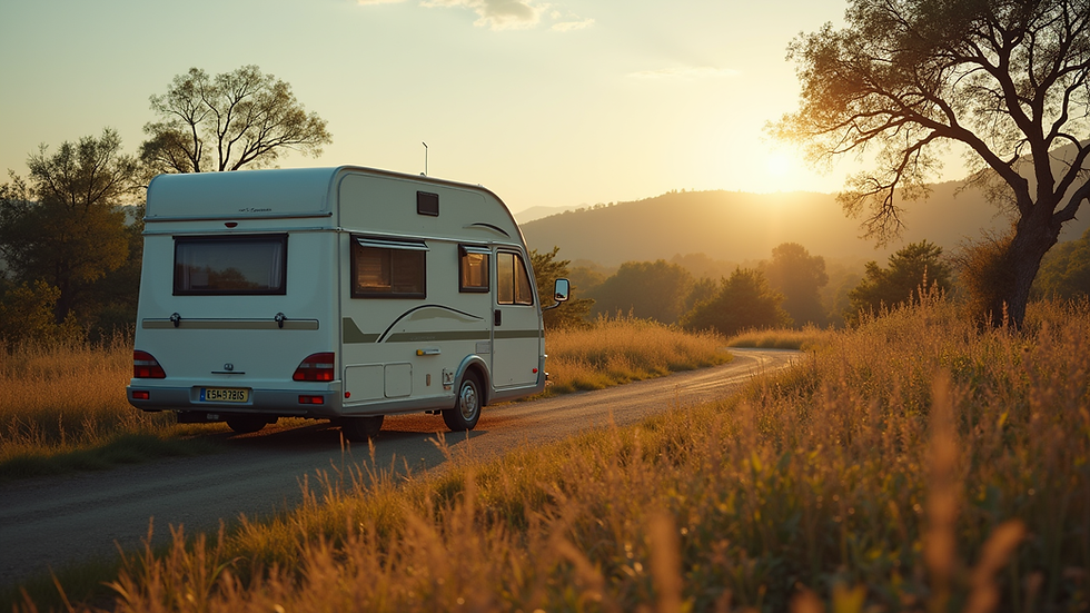 Vista aérea de una autocaravana aparcada en un camping rodeado de naturaleza