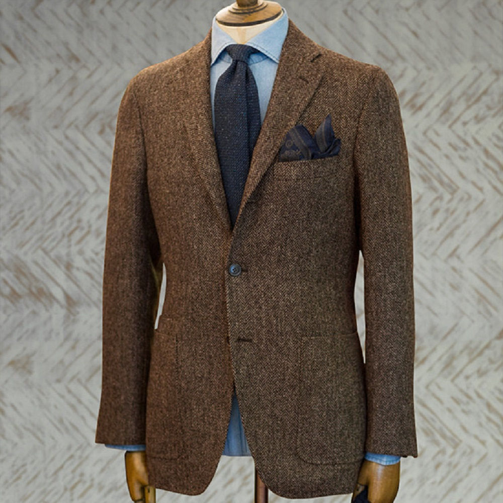 Herringbone Tweed Blazer – Refined Brown Wool Tailoring for Formal & Modern Eleg