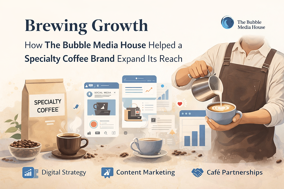 Person pours latte art beside digital marketing graphics and coffee products. Text: Brewing Growth, The Bubble Media House, Specialty Coffee.