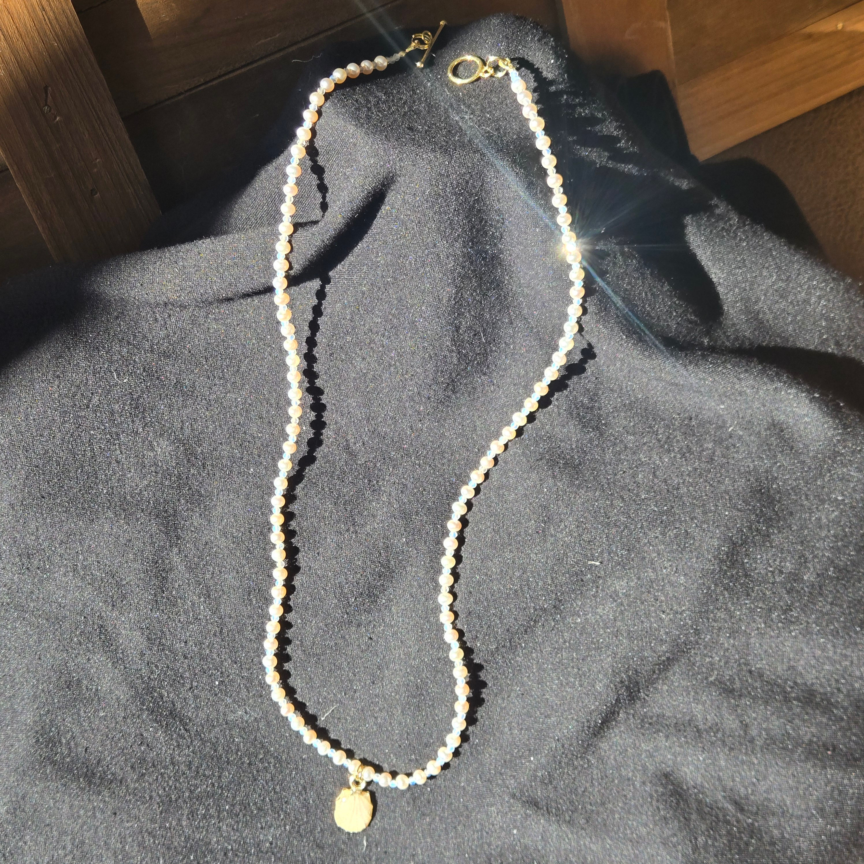 Peach Shore Freshwater Pearl and Opal Necklace with Gold Shell