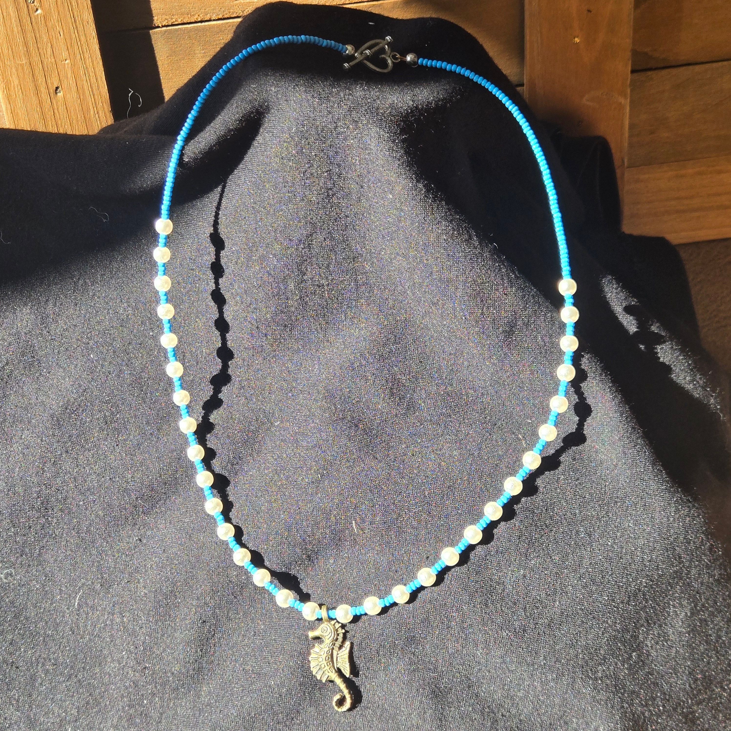 Seahorse Pearl and Ocean Blue Beaded Necklace