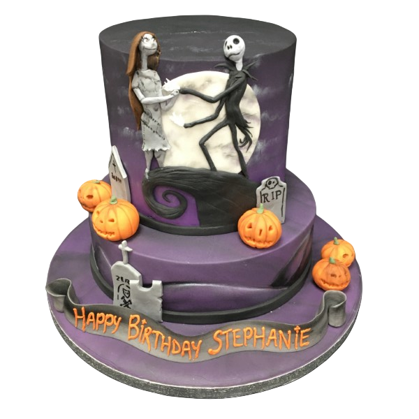 A spooky and fun Nightmare Before Christmas themed cake with black, white, and purple decoration, featuring iconic characters from the movie.