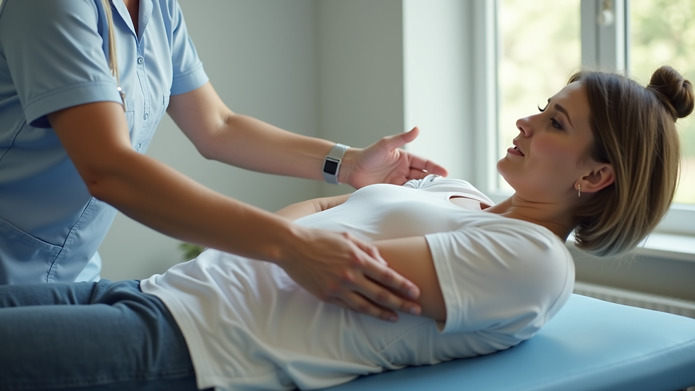 Close-up view of a physiotherapist guiding a patient through gentle stretching exercises