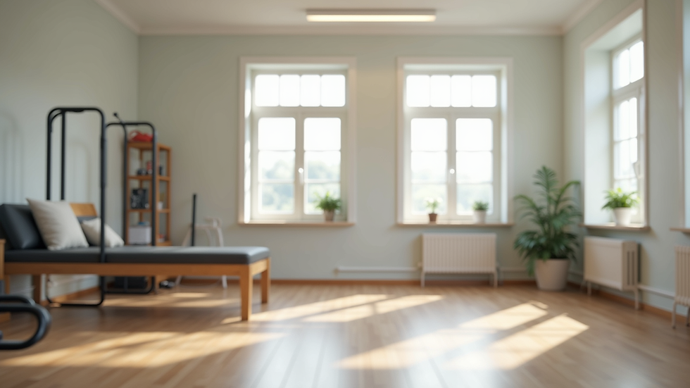 Eye-level view of a calm rehabilitation studio with exercise equipment