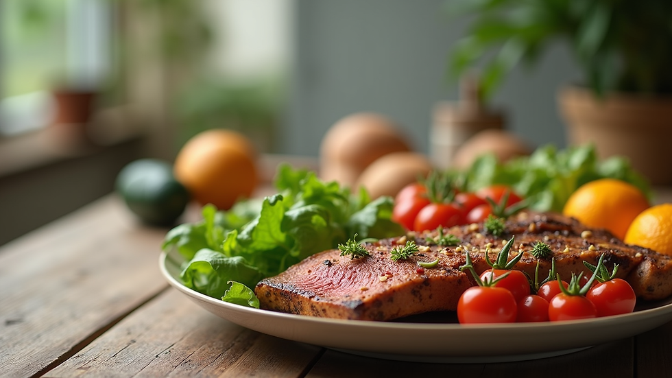 Close-up view of a balanced healthy meal on a wooden table