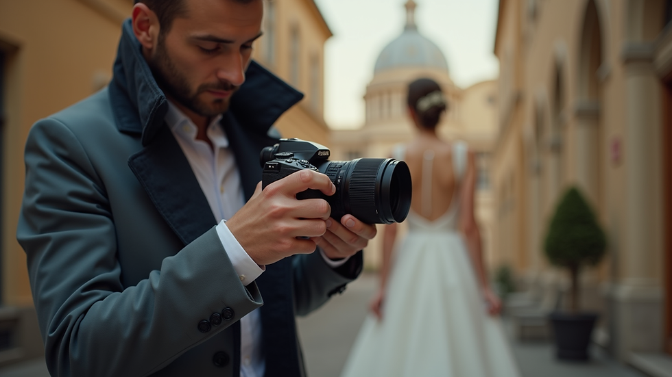 Eye-level view of a wedding photographer adjusting camera settings
