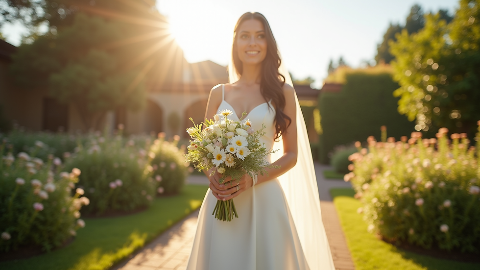 Eye-level view of a bride holding a bouquet in a sunlit garden