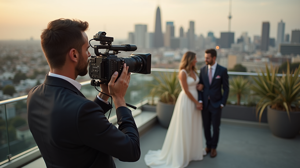 High angle view of a wedding videographer filming a couple at a Melbourne rooftop venue