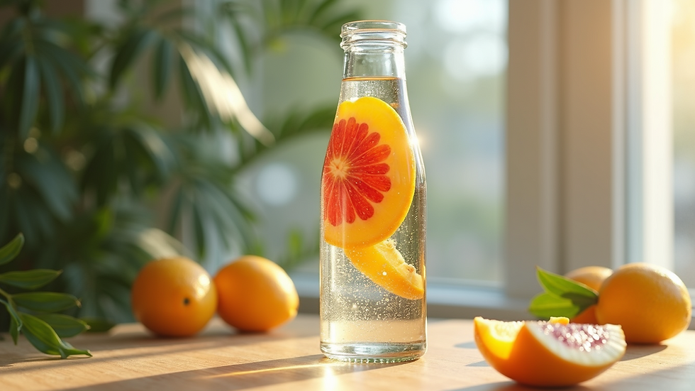 Close-up of a clear water bottle with fresh fruits inside