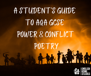 Silhouetted soldiers against an orange sky with text: "A Student's Guide to AQA GCSE Power & Conflict Poetry." White logo of English Home Studies in bottom right corner.