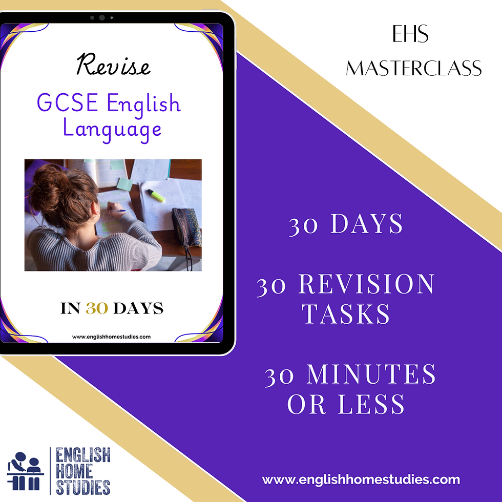 Tablet displaying "Revise GCSE English Language" with a photo of a person studying, on a purple and gold background. Text: "30 DAYS, 30 REVISION TASKS, 30 MINUTES OR LESS" with the English Home Studies logo in the bottom left corner.