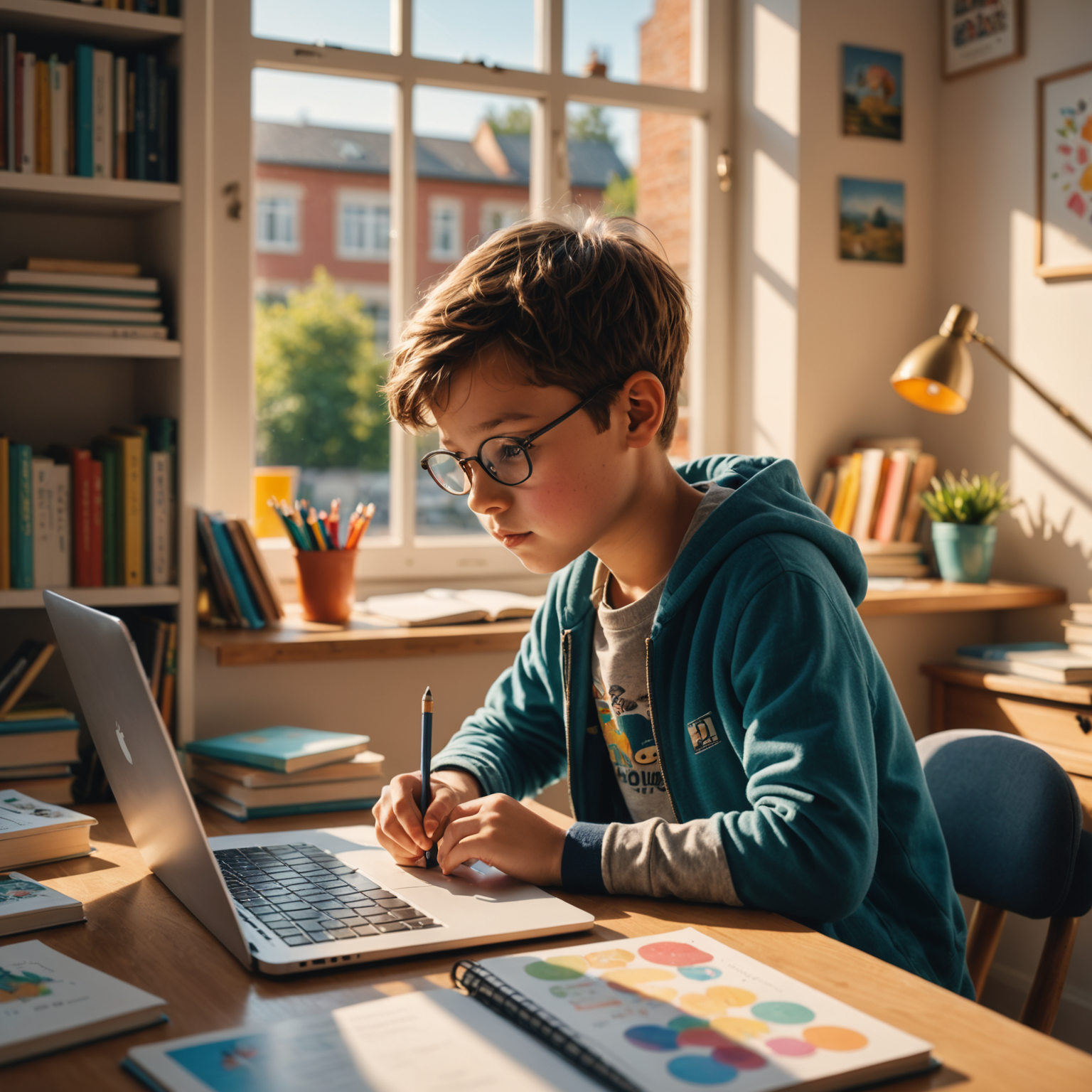 Young secondary school student, with pen in his hand, studying at a desk