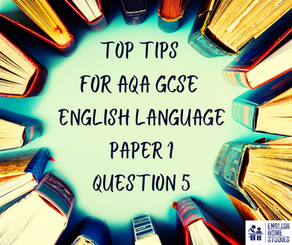 Books form a circular pattern around text: "Top Tips for AQA GCSE English Language Paper 1 Question 5." Bright, colourful setting and the English Home Studies logo on a white background.