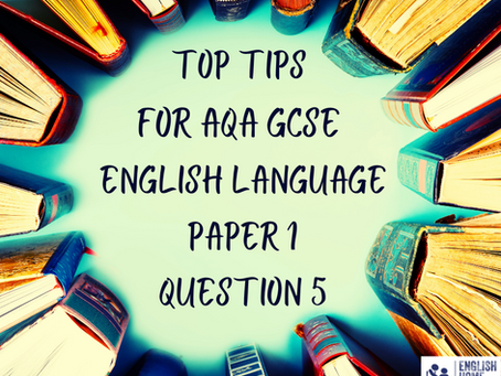 Books form a circular pattern around text: "Top Tips for AQA GCSE English Language Paper 1 Question 5." Bright, colourful setting and the English Home Studies logo on a white background.