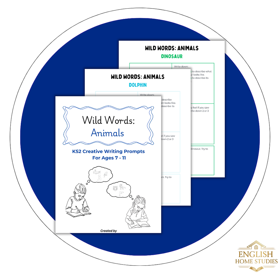 Thumbnail: KS2 animal-themed creative writing prompts (dolphin and dinosaur)for ages 7-11, by English Home Studies
