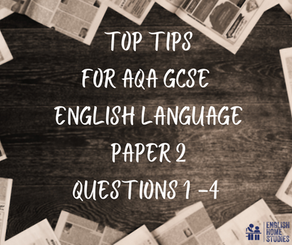 Text: Top Tips for AQA GCSE English Language Paper 2 is displayed on a dark wooden background, surrounded by scattered newspapers.
