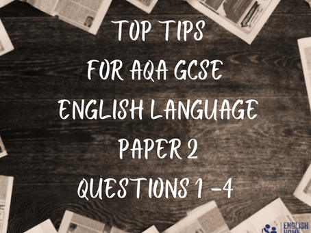 Text: Top Tips for AQA GCSE English Language Paper 2 is displayed on a dark wooden background, surrounded by scattered newspapers.
