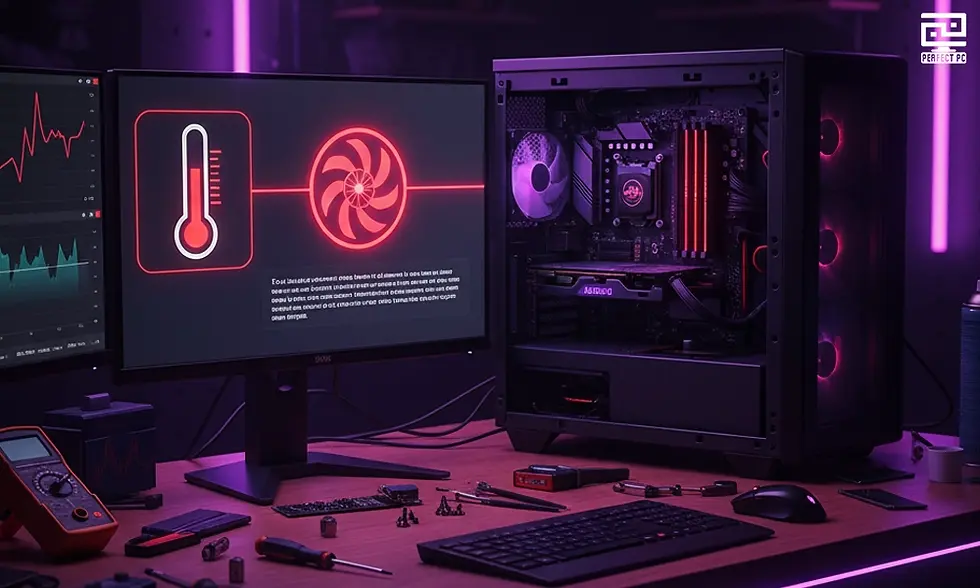 Desktop pc with an open tower case showing internal parts, next to a monitor displaying temperature and fan icons, with tools on the desk.