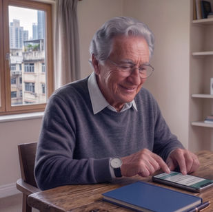 Um senhor usando o celular para fazer a consulta online e renovação de medicação de receita azul