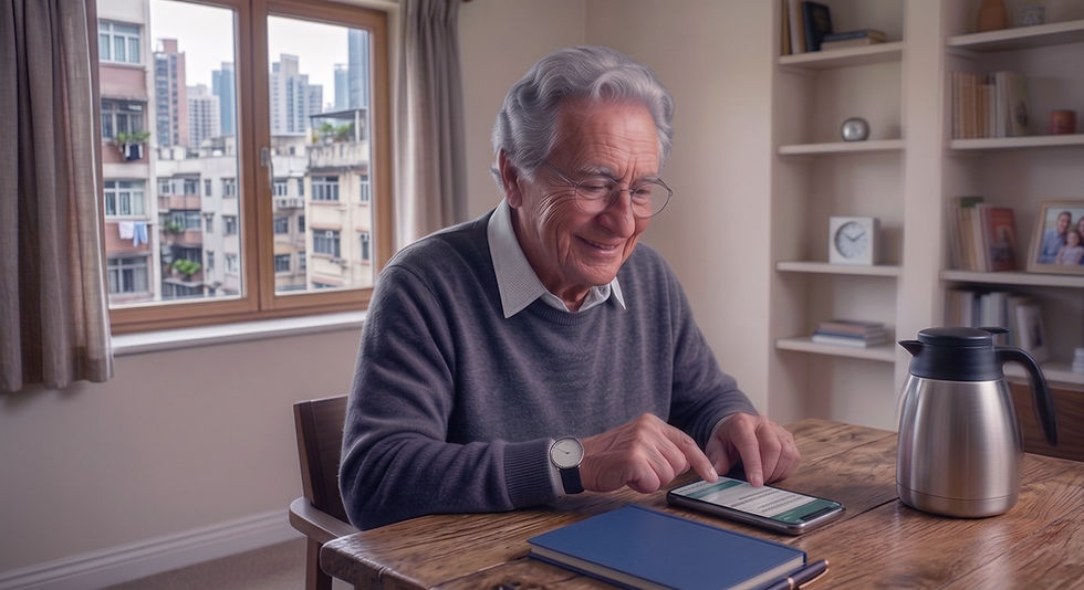 Senhor usando o celular para fazer uma consulta e renovar a sua receita azul!