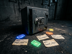 Wide-angle view of a cracked safe with glowing key cards scattered on concrete.