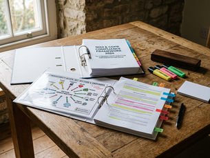 Wide-angle view of printed European compliance documents beside coloured markers on a wooden tabletop