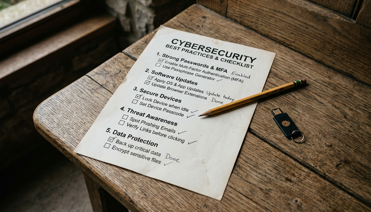 High-angle view of a paper checklist beside a hardware security key.