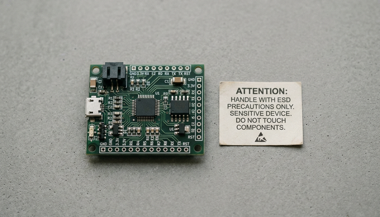 Close-up view of a hardware circuit board with a small warning label