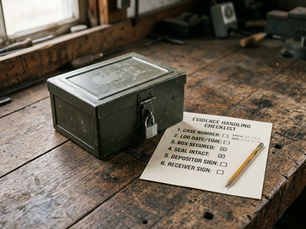Close-up of a locked metal box with a paper checklist on a wooden workbench.