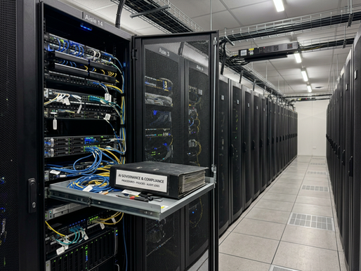 Wide-angle view of a server rack with a labelled AI governance binder on a metal shelf