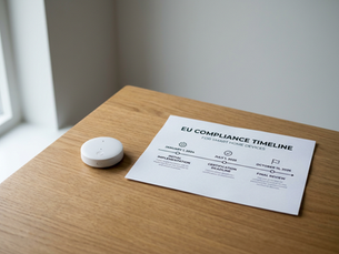 Wide-angle view of a connected home device beside a printed compliance timeline
