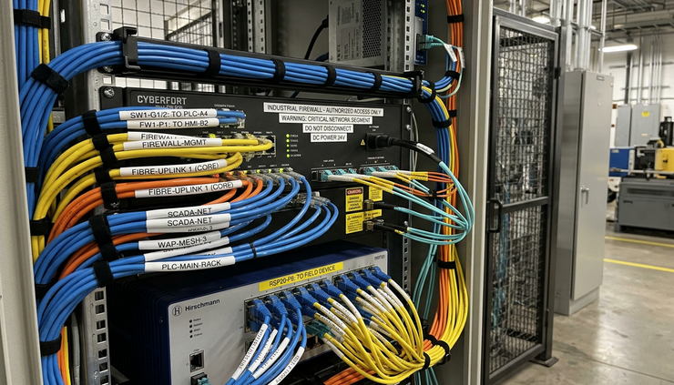 Close-up view of labelled network cables connected to an industrial firewall cabinet