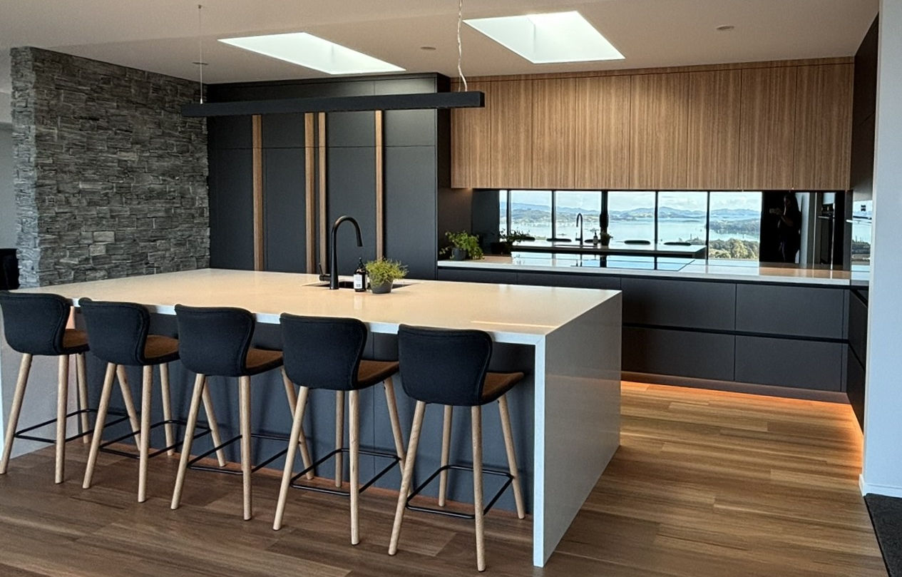 Modern kitchen design with island and bar stools
