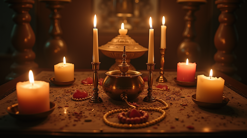 Eye-level view of ceremonial altar with ritual tools and candles