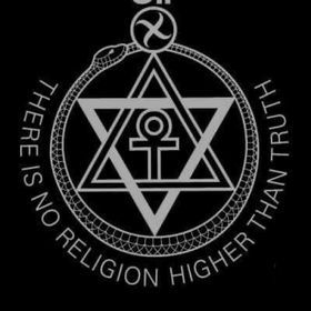 Emblem with ouroboros, hexagram, ankh, and text: 'There is no religion higher than truth'