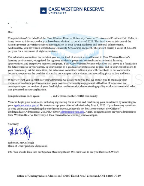 Case Western Acceptance Letter