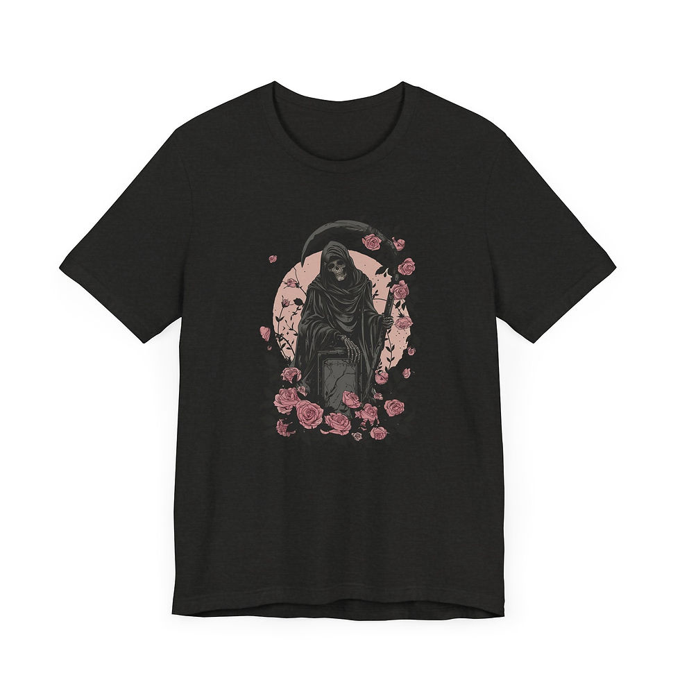 Thumbnail: Black t-shirt featuring a gothic Grim Reaper design surrounded by pink roses. The detailed, dark aesthetic is perfect for fan